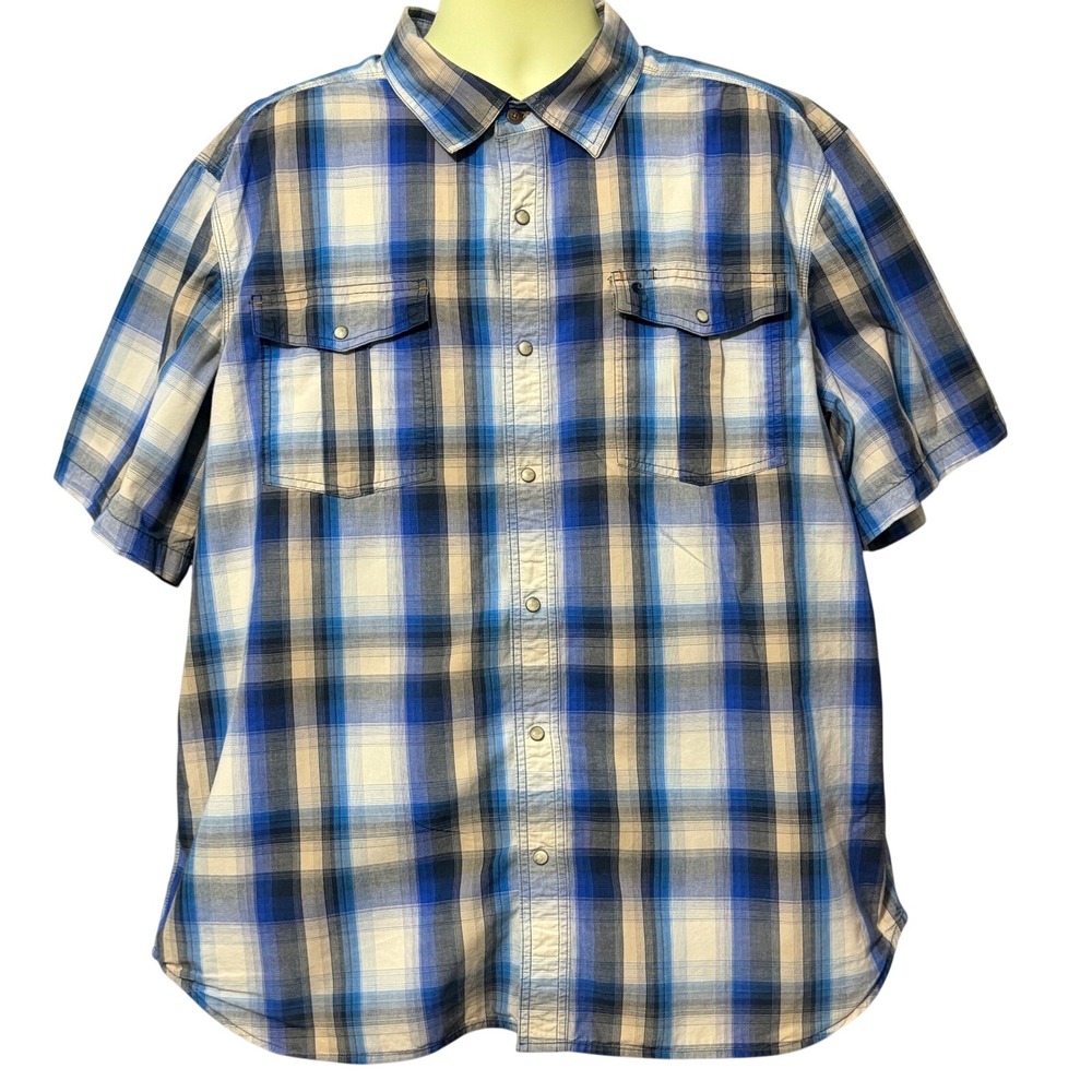 Carhartt Mens 2XL Relaxed Fit Blue Plaid Short Sleeve Pearl Snap Western Shirt